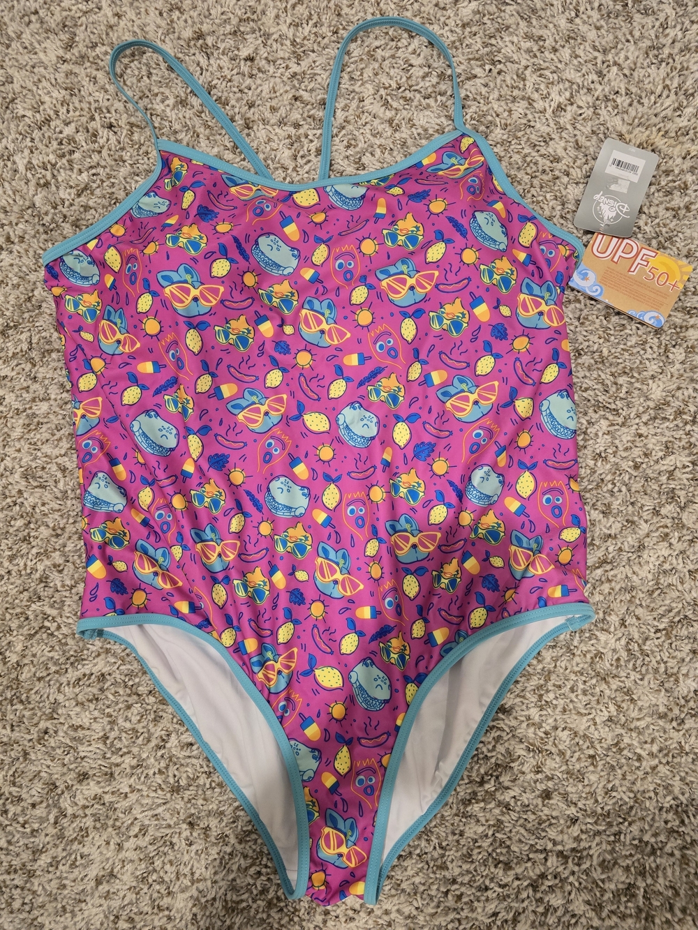 Disney Pink Toy StoryTropical Print One-Piece Swimsuit with Teal Trim and Straps